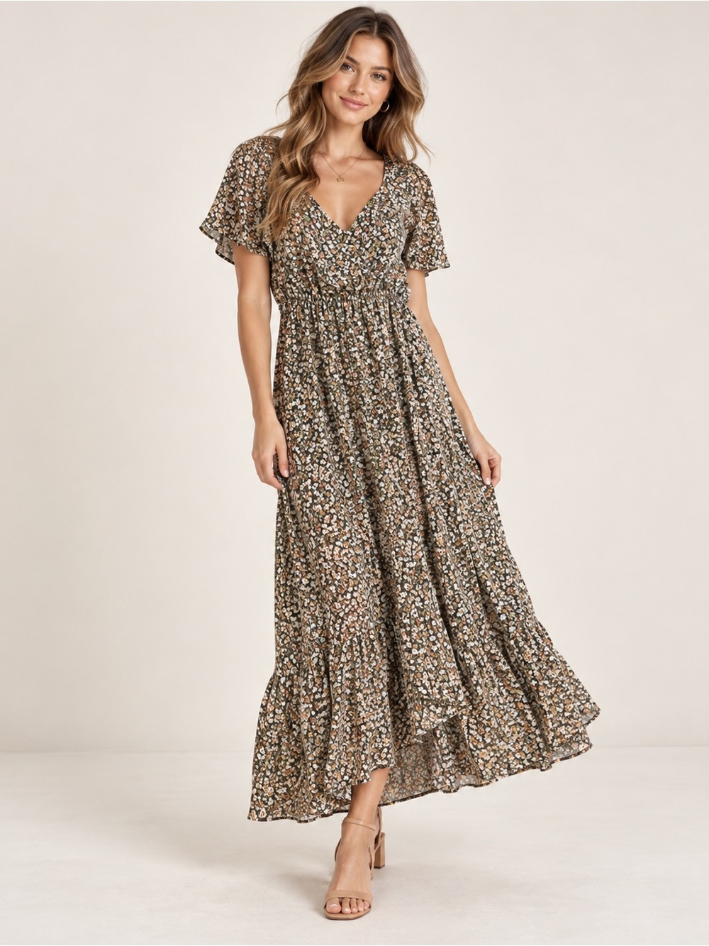 Pink Lily Floral High Low Tiered Maxi Dress Small Cottagecore Puff Sleeve Boho